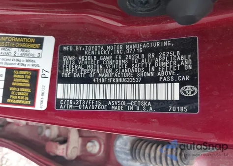 2017 Toyota Camry Se из США, поврежденный, VIN 4T1BF1FK9HU633537